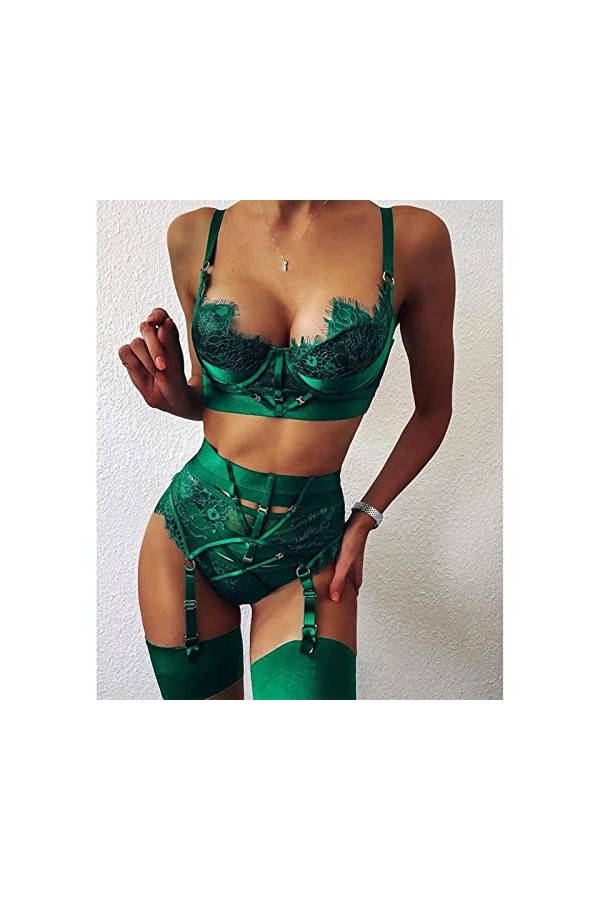 Ensemble de lingerie sexy avec jarretière de nuit en dentelle soutien-gorge string costumes ensembles érotiques femmes sous-v