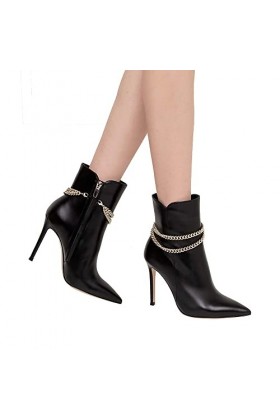 LEBE 12cm Talons Hauts Bottines Noires à Talons Aiguilles en PU avec chaîne dorée-Black||46