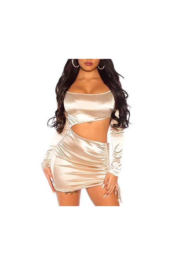 Koucla Mini robe en satin brillant à manches longues avec coupe sexy et fronces - Noir - Small