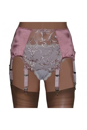 Swanky Pins Ceinture porte-jarretelles 8 bretelles rose avec panneau avant en dentelle et clips métalliques, rose, XL