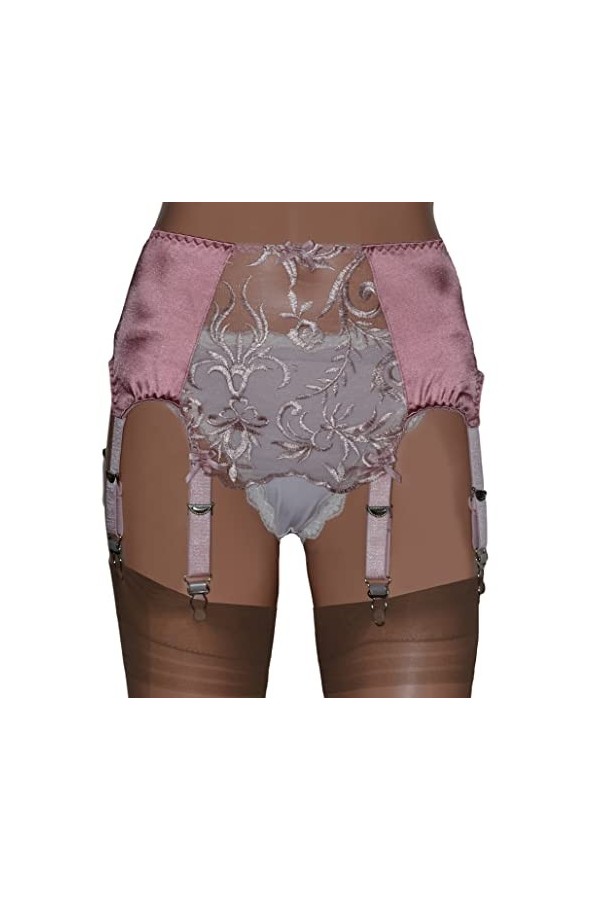 Swanky Pins Ceinture porte-jarretelles 8 bretelles rose avec panneau avant en dentelle et clips métalliques, rose, XL