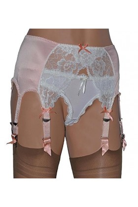 Porte-jarretelles 8 bretelles, style rétro, en satin pêche et dentelle ivoire - Ecru - Small