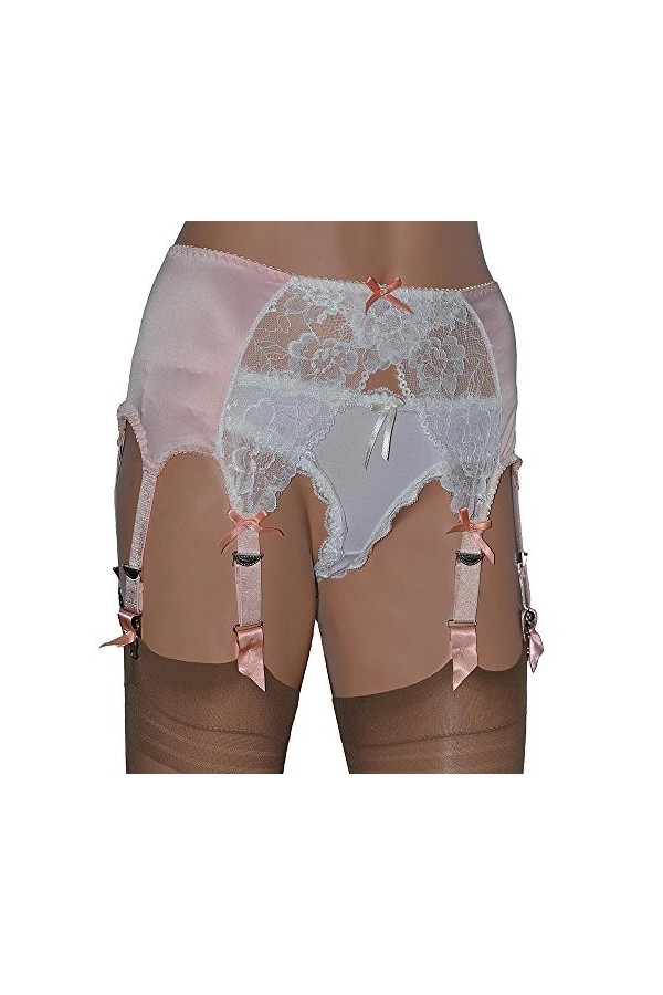 Porte-jarretelles 8 bretelles, style rétro, en satin pêche et dentelle ivoire - Ecru - Small