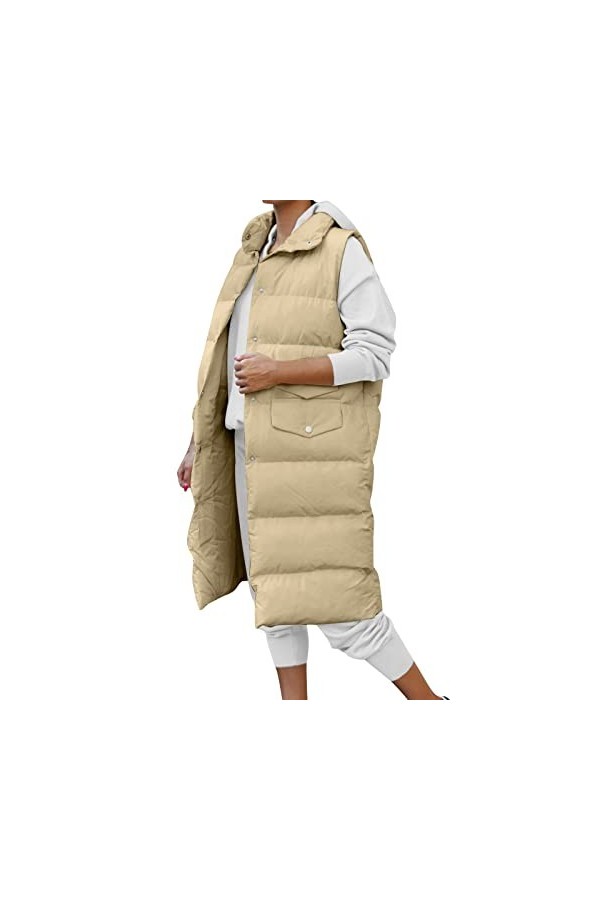 Gefomuofe Gilet long matelassé pour femme - Veste matelassée dhiver - Veste de transition - Couleur unie - Fermeture éclair 