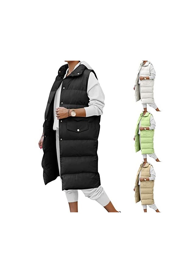 Gefomuofe Gilet long matelassé pour femme - Veste matelassée dhiver - Veste de transition - Couleur unie - Fermeture éclair 