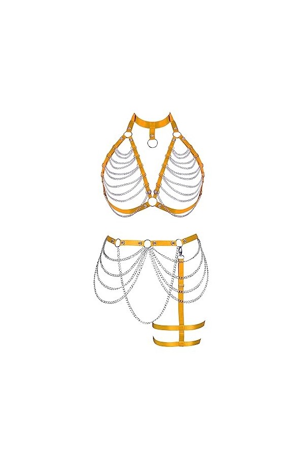 JMMHSS Femmes punk Body bretelles Bra set plus size jambes sangles lacets évidement cage type soutien - gorge gothique Noir 