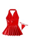 Femmes Dames Faux Cuir Plissé Mini Robe sans Manches Dos Nu Wet Look Robe A-Ligne Sexy Clubwear Costumes Cocktails, Rouge, M