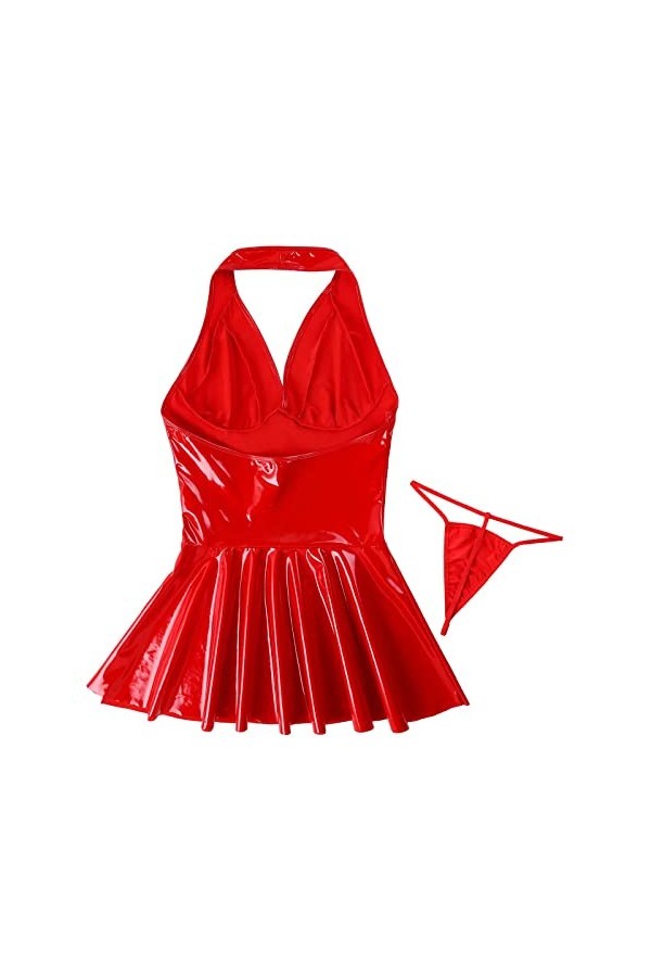 Femmes Dames Faux Cuir Plissé Mini Robe sans Manches Dos Nu Wet Look Robe A-Ligne Sexy Clubwear Costumes Cocktails, Rouge, M