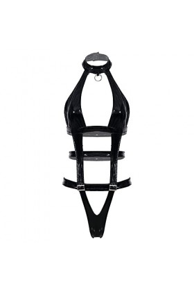 SDGTMYJSY Ensemble de robe de chambre en cuir verni avec dentelle pour femme - Dos nu - Justaucorps sans manches - Découpe do