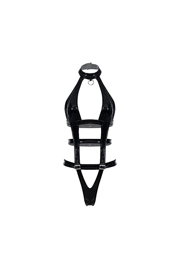 SDGTMYJSY Ensemble de robe de chambre en cuir verni avec dentelle pour femme - Dos nu - Justaucorps sans manches - Découpe do