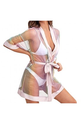 SUNMME Dames Sexy Voir à Travers Maille Poudre Couleur Vive Robe Pyjamas Lingerie Sexy À Manches Longues Lingerie pour Femmes