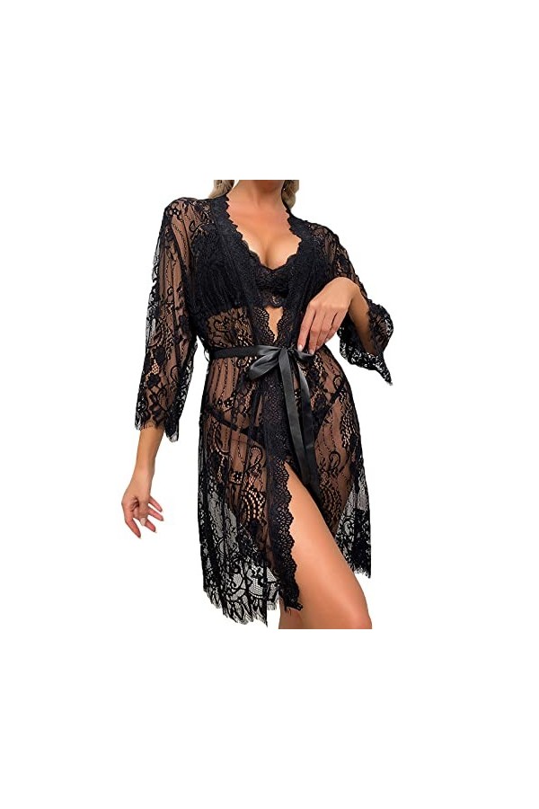 SUNMME Costume pour Femme en Dentelle Fine - Pyjama Sexy Transparent - Robe en Maille - Lingerie Sexy - Ensemble de Lingerie 