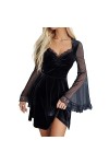YpingLonk Robe Gothique Sexy pour Femme en Dentelle à Manches Longues et col en V Femmes Robe Sexy Black, XL 