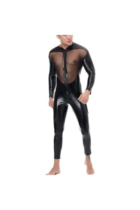 HYQPAI Body Combinaison pour Homme Une Pièce Patchwork de Maille en Cuir PU Pantalon à Manches Longues Zip Sexy Costume Bodys