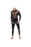 HYQPAI Body Combinaison pour Homme Une Pièce Patchwork de Maille en Cuir PU Pantalon à Manches Longues Zip Sexy Costume Bodys