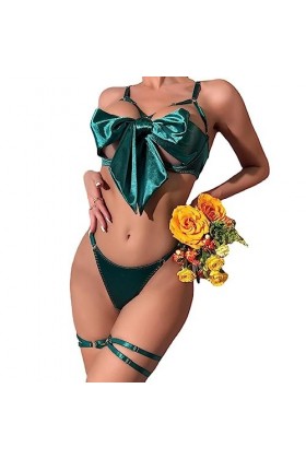 Plus Grande tailleLingerie érotique Poitrine Ouverte Poitrine Sexy Satin avec Boucles de Jambe Trois pièces, Vert, M