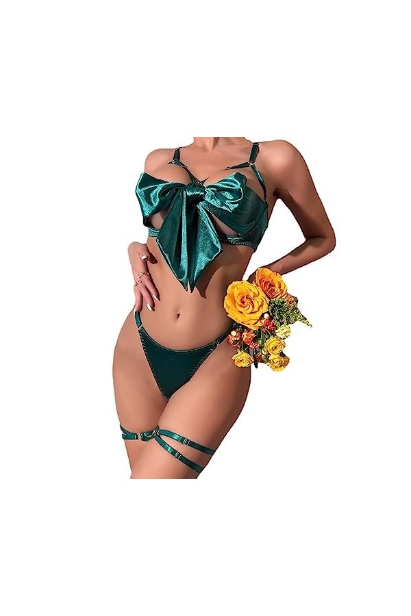 Plus Grande tailleLingerie érotique Poitrine Ouverte Poitrine Sexy Satin avec Boucles de Jambe Trois pièces, Vert, M