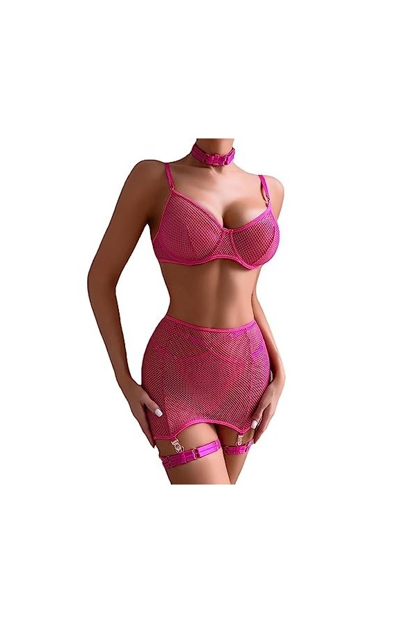 NoëlLingerie Sexy Fun Pure Maille réunie dans Un Ensemble de Quatre pièces, Rose Rouge, S