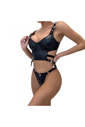 ZTIANEF LentrejambeGilet en Cuir Sexy Lingerie Uniforme séduction sexsuit, Noir, L