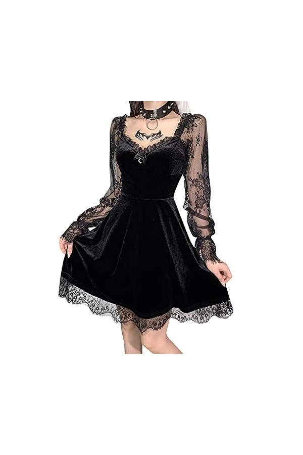 RUITOTP Robe de Femme Sexy Black Transparent Sleeve Punk Dentelle Bandage Gothic Dress Robe Pailletée