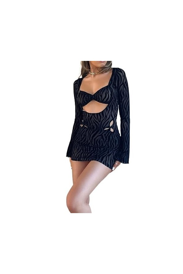 KWIXUK Robe Moulante Tenues de boîte de Nuit Sexy for Femmes Mini Robe à Manches Longues évasée découpée Color : Black, Size