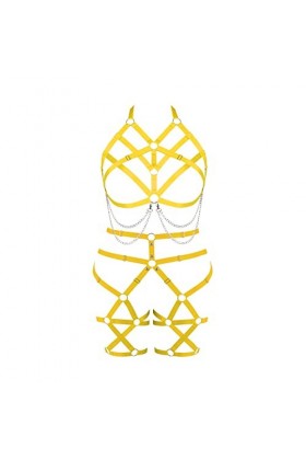 Femmes Body Fashion Bra Plus Size Creux métal chaîne Bra Garter Set Punk Gothique Halloween Rave Party Costume Orange 