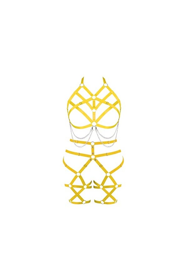 Femmes Body Fashion Bra Plus Size Creux métal chaîne Bra Garter Set Punk Gothique Halloween Rave Party Costume Orange 