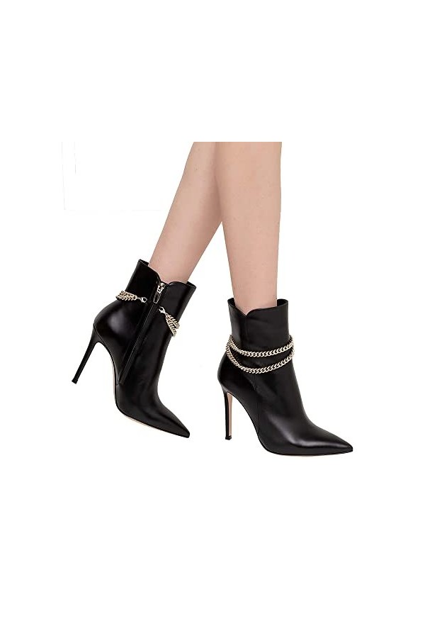 LEBE 12cm Talons Hauts Bottines Noires à Talons Aiguilles en PU avec chaîne dorée-Black||46