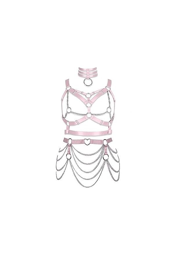 JMMHSS Femmes stretch Body harnais ensemble complet de sous - vêtements punk Gothic Plaid soutien - gorge jambes lacets Bleu