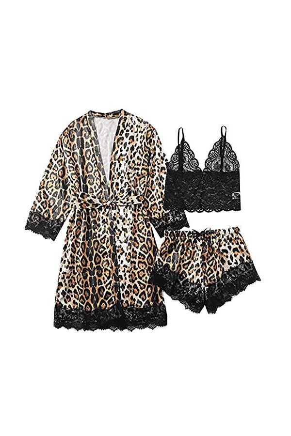 Zshosam Ensemble de lingerie érotique pour femme Sexy Sexy Licol Dentelle Pyjama Peignoir sans manches Satin Robe Rayée Soie 