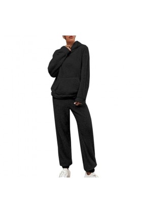 Ensemble 2 pièces pour femme, automne et hiver, couleur unie, avec capuche, manches longues, poche, pantalon de loisirs, pour