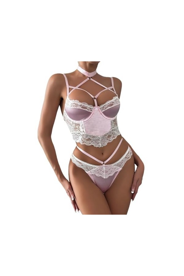 Ensemble de Lingerie Sexy en Dentelle Florale, Ras du Cou, à Armatures, Push Up, Porte-Jarretelles, Soutien-Gorge et Culotte 