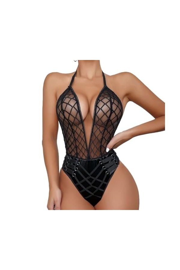 DAGIN Lingerie pour Femme Teddy Body Dentelle Babydoll Ensemble de Lingerie Une pièce Color : Noir, Size : L 