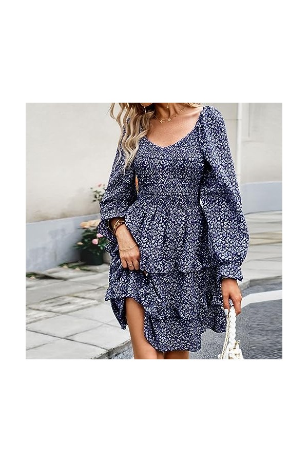 Qoier Robe dété décontractée à imprimé Floral pour Femmes à Manches Longues col en V à Volants Ourlet Robes Streetwear Tenue
