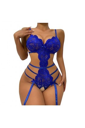 ZTIANEF RougeLingerie érotique ajourée Dentelle Transparente Sexy Pyjama Combinaison, Bleu, M