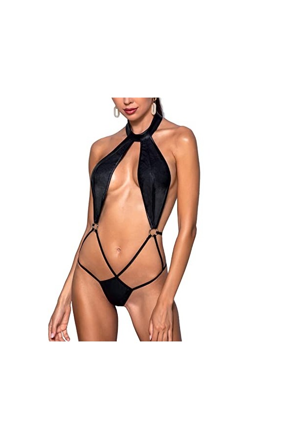 Passion Body Sexy Faux Cuir Jannies Body, Noir,L-XL