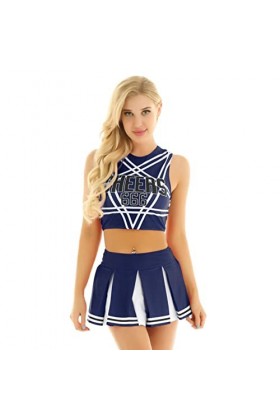 PAXAS Charmant costume de pom-pom girl pour femme adulte - Ensemble de déguisement sans manches avec mini jupe plissée - Roug