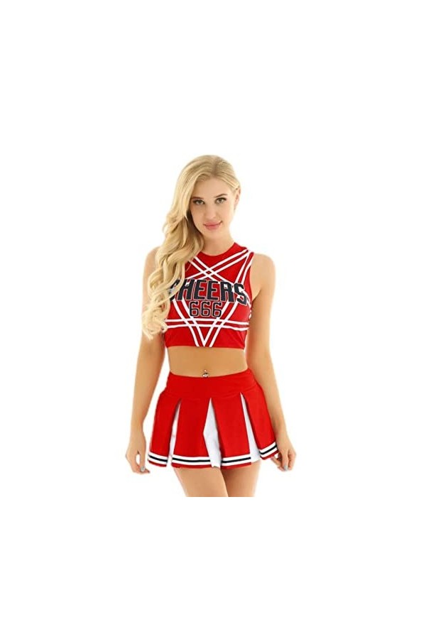 PAXAS Charmant costume de pom-pom girl pour femme adulte - Ensemble de déguisement sans manches avec mini jupe plissée - Roug