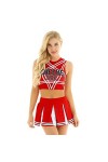 PAXAS Charmant costume de pom-pom girl pour femme adulte - Ensemble de déguisement sans manches avec mini jupe plissée - Roug