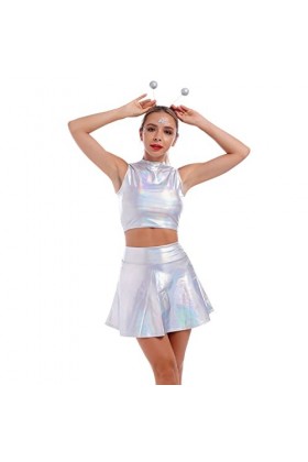 Alien Costume pour femme sexy et métallisée, robe argentée + jupe brillante + serre-tête extraterrestre pour fille,Costume mo
