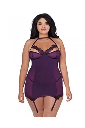 Dreamgirl Plus Size Microfiber Underwire Shelf Bra & Mesh Garter Slip Lingerie, Pflaume, Einheitsgröße Femme