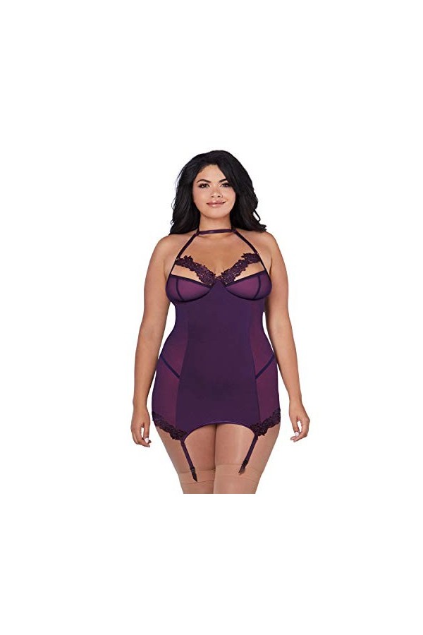 Dreamgirl Plus Size Microfiber Underwire Shelf Bra & Mesh Garter Slip Lingerie, Pflaume, Einheitsgröße Femme