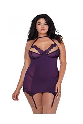 Dreamgirl Plus Size Microfiber Underwire Shelf Bra & Mesh Garter Slip Lingerie, Pflaume, Einheitsgröße Femme