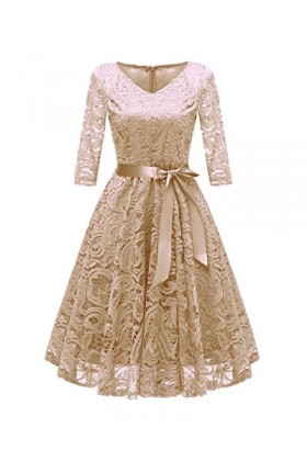 Robe de mariée à col en V à manches longues en dentelle pour femme - rose - Taille L