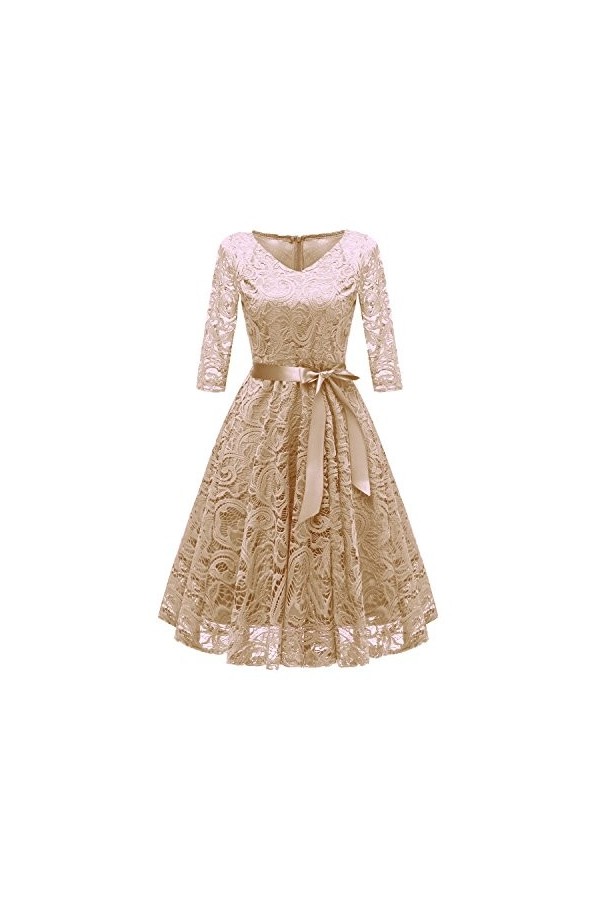 Robe de mariée à col en V à manches longues en dentelle pour femme - rose - Taille L