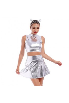 Alien Costume pour femme sexy et métallisée, robe argentée + jupe brillante + serre-tête extraterrestre pour fille,Costume mo