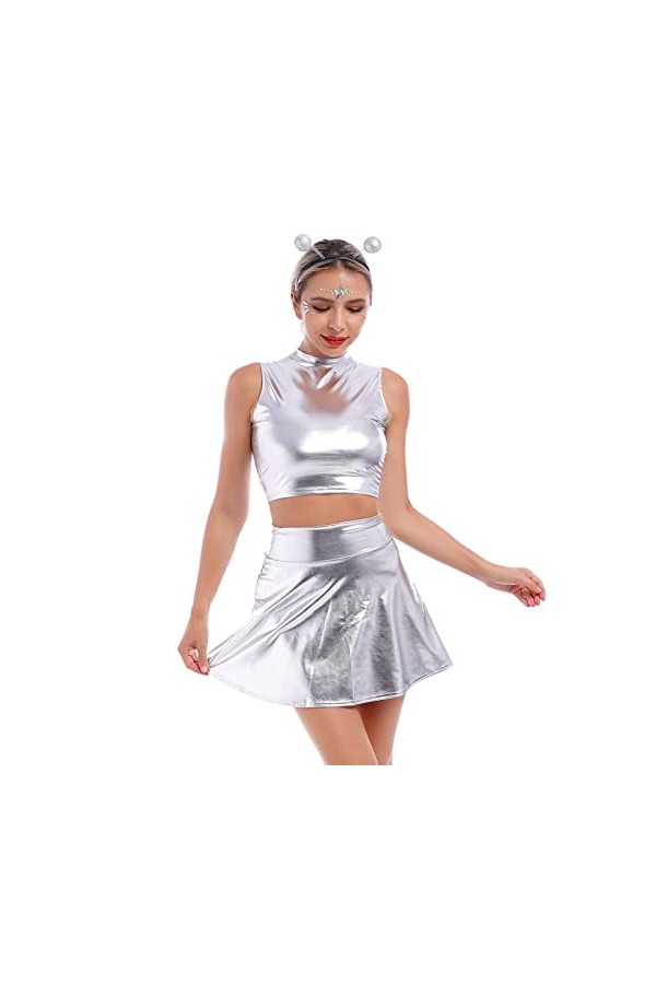 Alien Costume pour femme sexy et métallisée, robe argentée + jupe brillante + serre-tête extraterrestre pour fille,Costume mo