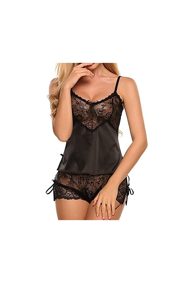 SUNMME Pyjama Sexy avec pièce en Dentelle, Short, Haut, Ensemble 2 et Satin, Grande Taille, Lingerie en Cuir pour Femme 4X R