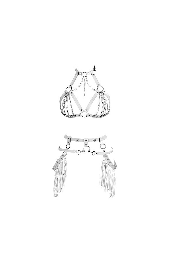 Femmes Body Strap Cuir Punk Bra élégant évidé sans Tasse Garter Set Gothique Halloween Rave Dance Costume Vert Clair 