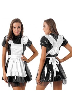 CHOUBAGUAI Robe de soubrette pour femme en cuir verni, col montant, manches bouffantes, tablier à nouer à volants, noir, M